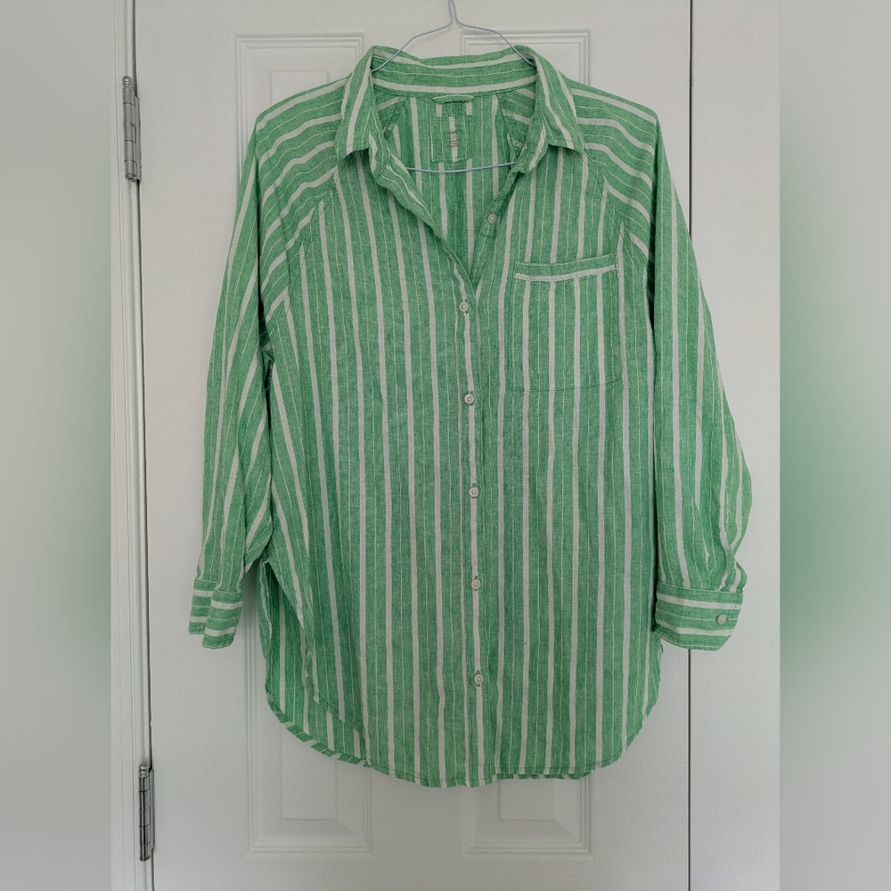 Aerie Linen Green Striped Button-Down Cover-up S - Picture 3 of 10